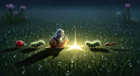 Snails crawling on grass with ladybug. 3d illustration.の素材
