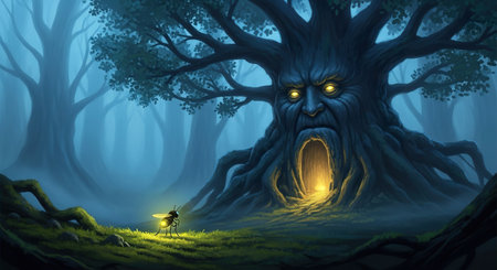 Halloween background with scary tree and witch in the dark forest.の素材