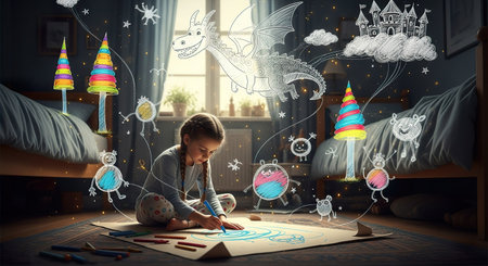 Cute little boy drawing fantasy castle with colored pencils in roomの素材