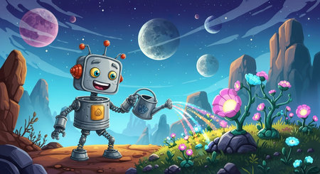 Vector illustration of a cartoon robot on the background of the planet.の素材