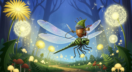 Dragonfly in the forest at night. Illustration for your designの素材