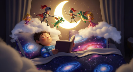 Boy reading a fairy tale in the night. 3D rendering.の素材