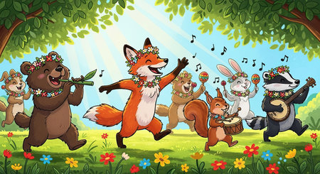 Vector illustration of a group of funny foxes playing music in the forestの素材