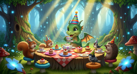 Illustration of a fantasy forest with a dragon at a birthday partyの素材