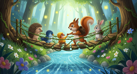 Cartoon scene with happy animals in the forest - illustration for childrenの素材