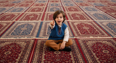 Little boy sitting on the carpet in the mosque and looking at the cameraの素材