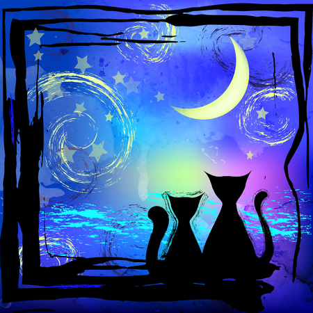 Silhouette of two cats sitting nearby. Beautiful blue background with a sunset image.のイラスト素材