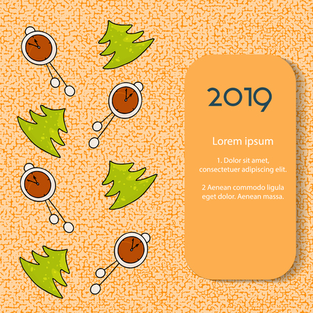 Beautiful Christmas card with Christmas tree and clocks on orange backgrownd. Vector file.のイラスト素材