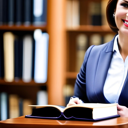 Portrait of smiling young businesswoman reading a book in the libraryの素材