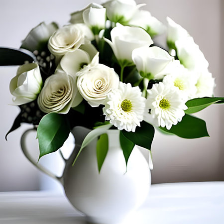 Bouquet of white roses in a vase on the tableの素材