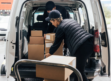 Woman courier loads cardboard boxes from a cart into a car working together with a coworkerの写真素材