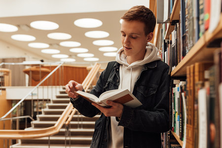 College student holding a book in library. Young guy leafing through a book.