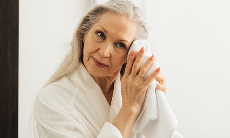 Aged woman with grey hair wiping her face in bathroomの写真素材