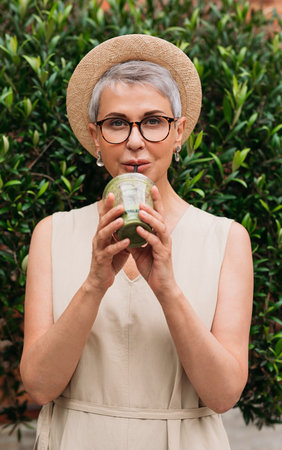 Stylish mature woman in a straw hat drinking a green smoothie in the parkの写真素材