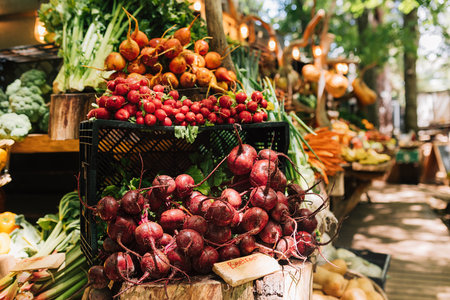Vegetables in box on an outdoor marketの写真素材