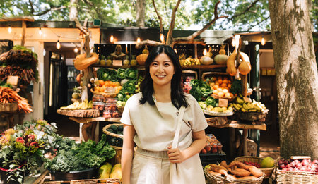 Portrait of a young Asian woman in casuals with a shopping bag on a farmers marketの写真素材