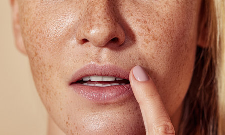 Close-up of unrecognizable woman with freckled skin touching lips with fingerの写真素材