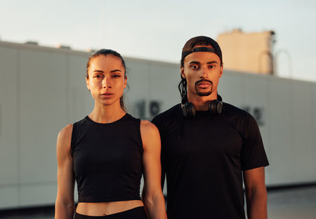 Portrait of two athletes in black sportswear standing together. Young athletes relaxing on the roof at sunset.の写真素材
