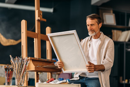 Senior painter sitting in his creative studio and holding a canvas with a pictureの写真素材