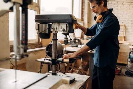 Carpenter drilling wood on machine. Male carpenter working in his workshop.の写真素材