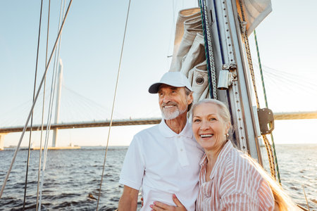 Happy senior couple standing at mast. Two smiling people enjoying boat trip.の写真素材