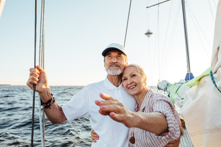 Happy mature woman pointing into the distance while embracing by his husband on their yachtの写真素材