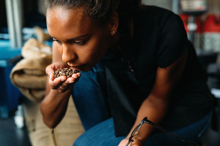 Woman examining and smelling the aroma of coffee beans after roastingの写真素材