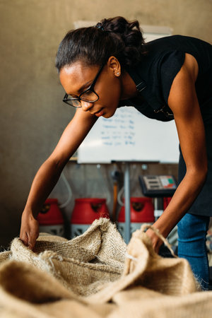 Woman at storage looking in a sack. Female worker choosing a coffee grade for roasting.の写真素材