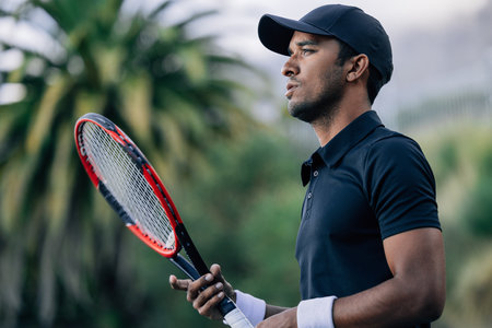 Side view of a young tennis player with racket looking awayの写真素材