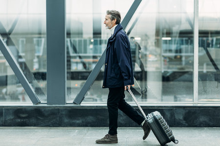 Side view of male tourist walking indoors with luggageの写真素材