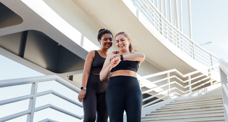 Happy plus-size woman showing her friend workout results on smartwatches. Two friends in sportswear...
