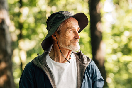 Side view of senior male in hat standing in forest. Portrait of a confident mature tourist posing...
