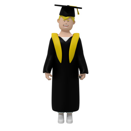 Guy wearing graduation clothes and a hat, holding graduation paper. Ð¡ollege graduate on white background, 3d illustrationの写真素材