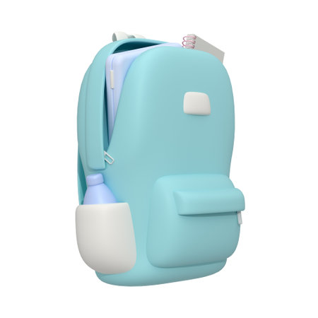 Open backpack with bottle of water, and workbook with a spring. 3d render, 3d illustration.の写真素材