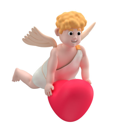 Smiling cupid character carrying red heart while flying, 3d illustrationの写真素材