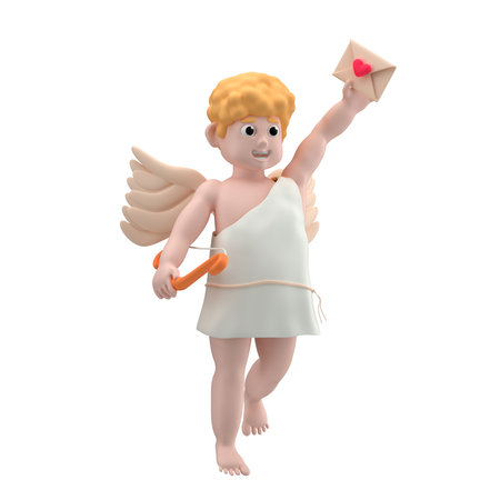 Cupid character with blond hair and wings holding an arch and love letter on outstretched hand against white background, 3d renderの写真素材