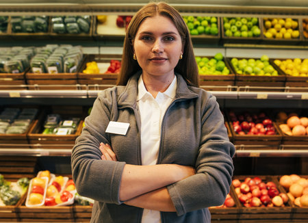 Portrait of a young woman grocery store worker standing with hands crossed against shelves with fruits and vegetablesの写真素材