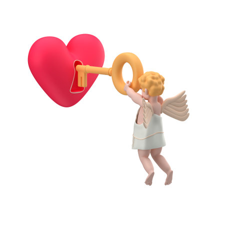 Cupid using a key to open a heart, 3d illustrationの写真素材