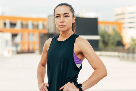 Portrait of a confident woman with her hands on her hips, looking at camera while standing on the roofの写真素材