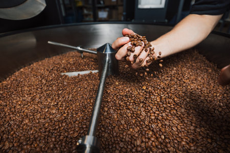 Highly detailed shot of an unrecognizable male hand grabbing freshly roasted beans from a machine...