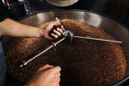 Unrecognizable male grabs roasted coffee beans from the machine drum. High detail shot of a male...