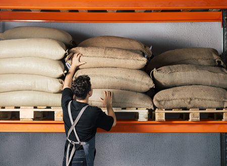 Rear view of male warehouse worker looking for the right coffee bag on a shelf. Back view of blue collar worker adjusting coffee bags.の写真素材