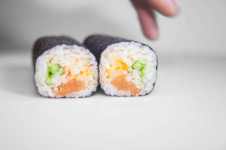 sushi rolls set on the white plateの写真素材