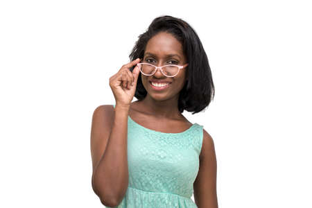 Woman wearing pink glassesの写真素材