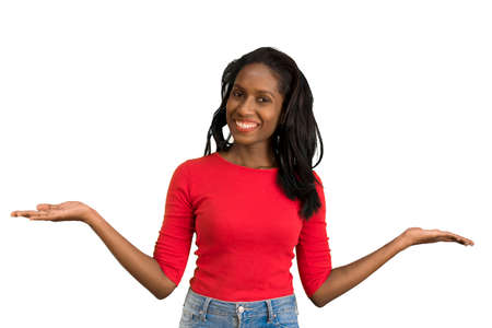 Woman showing productsの写真素材