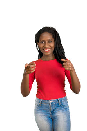 woman pointing at cameraの写真素材