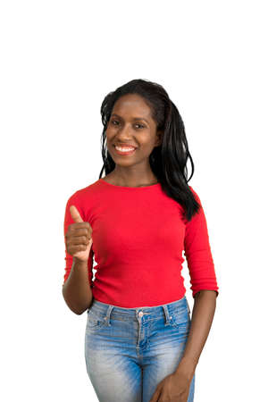 Woman making one thumb upの写真素材