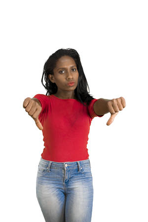 Woman making two thumbs downの写真素材