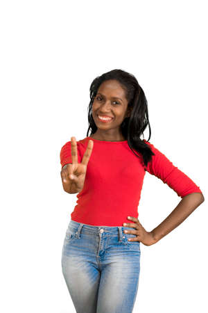 Woman making one peace signの写真素材