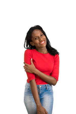 Woman holding her own armsの写真素材